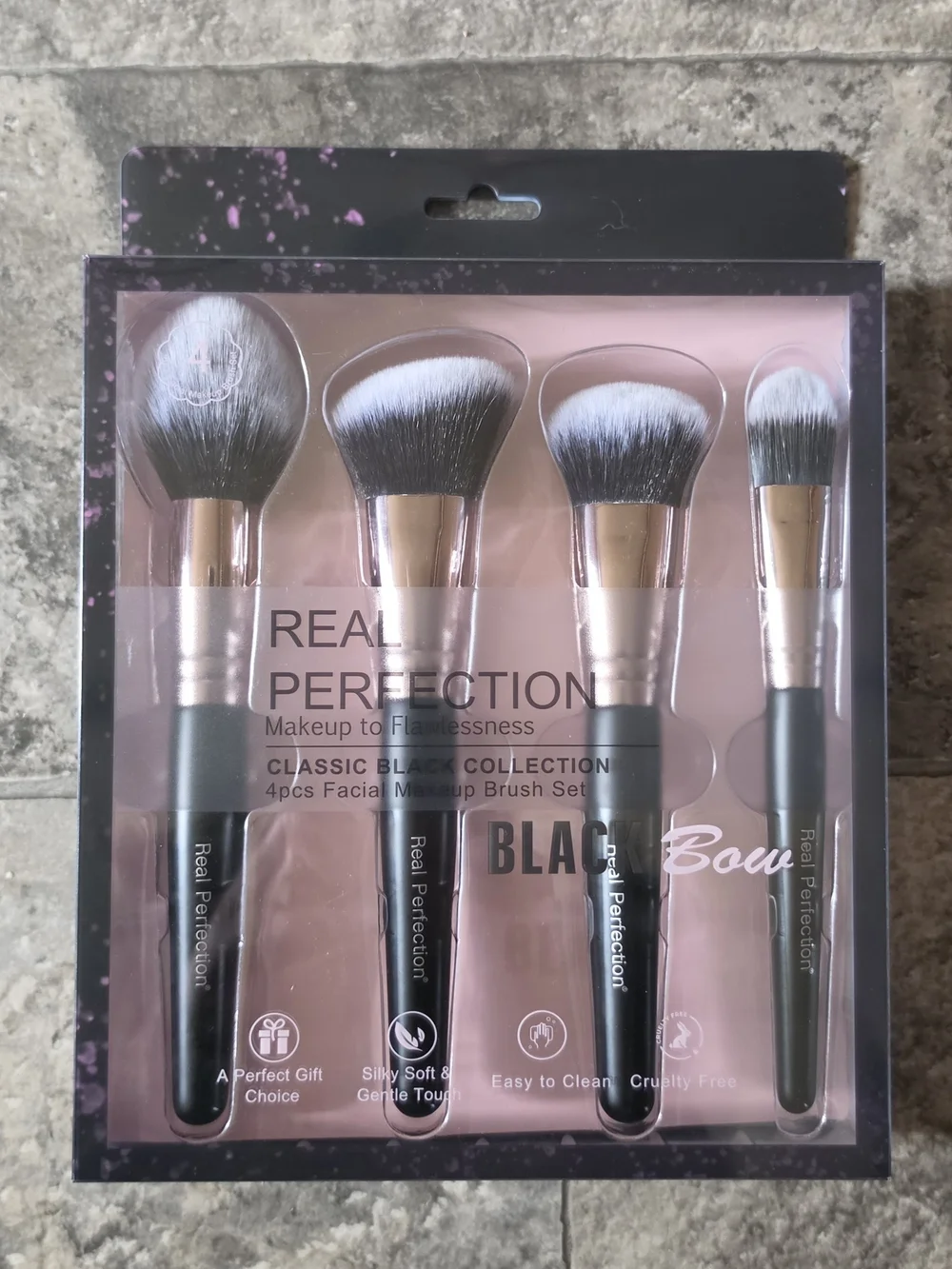 Real Perfection 4-Piece Makeup Brush Set- Black Handles with Gold Ferrules BNIB